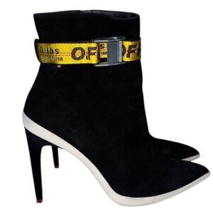 Off-White Black Suede Ankle Boots with Yellow Industrial Strap